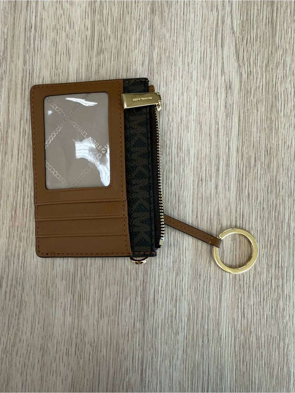 Michael Kors Brown MK Logo Zip Card Pouch with Gold Hardware